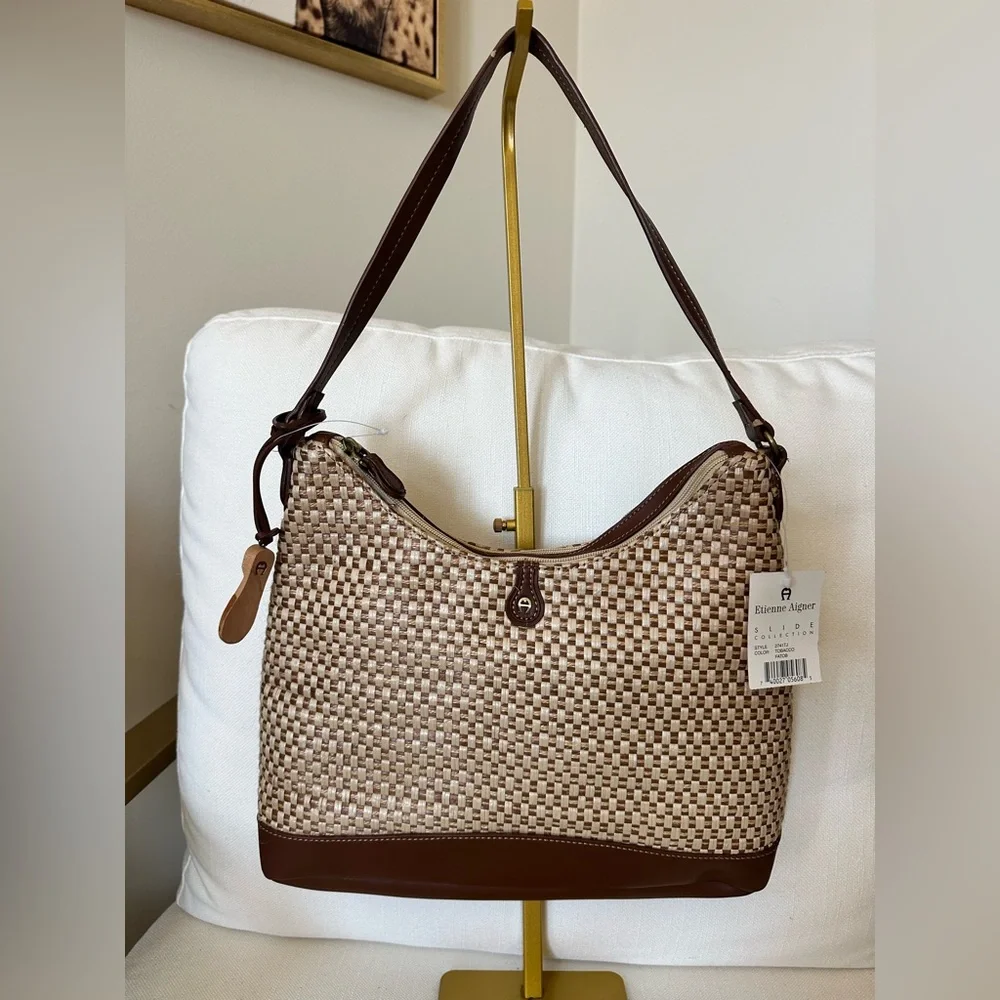 Etienne Aigner Vintage woven straw shoulder bag purse 2 Tone Beige Brown NWT - Picture 1 of 7